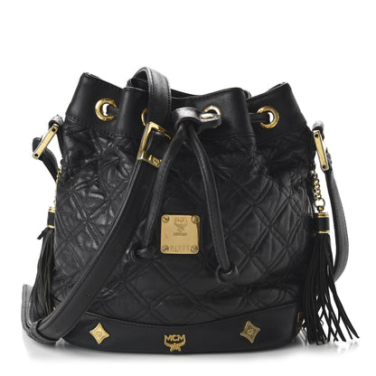 MCM Calfskin Quilted Studded Bucket Bag Black 1 of 10
