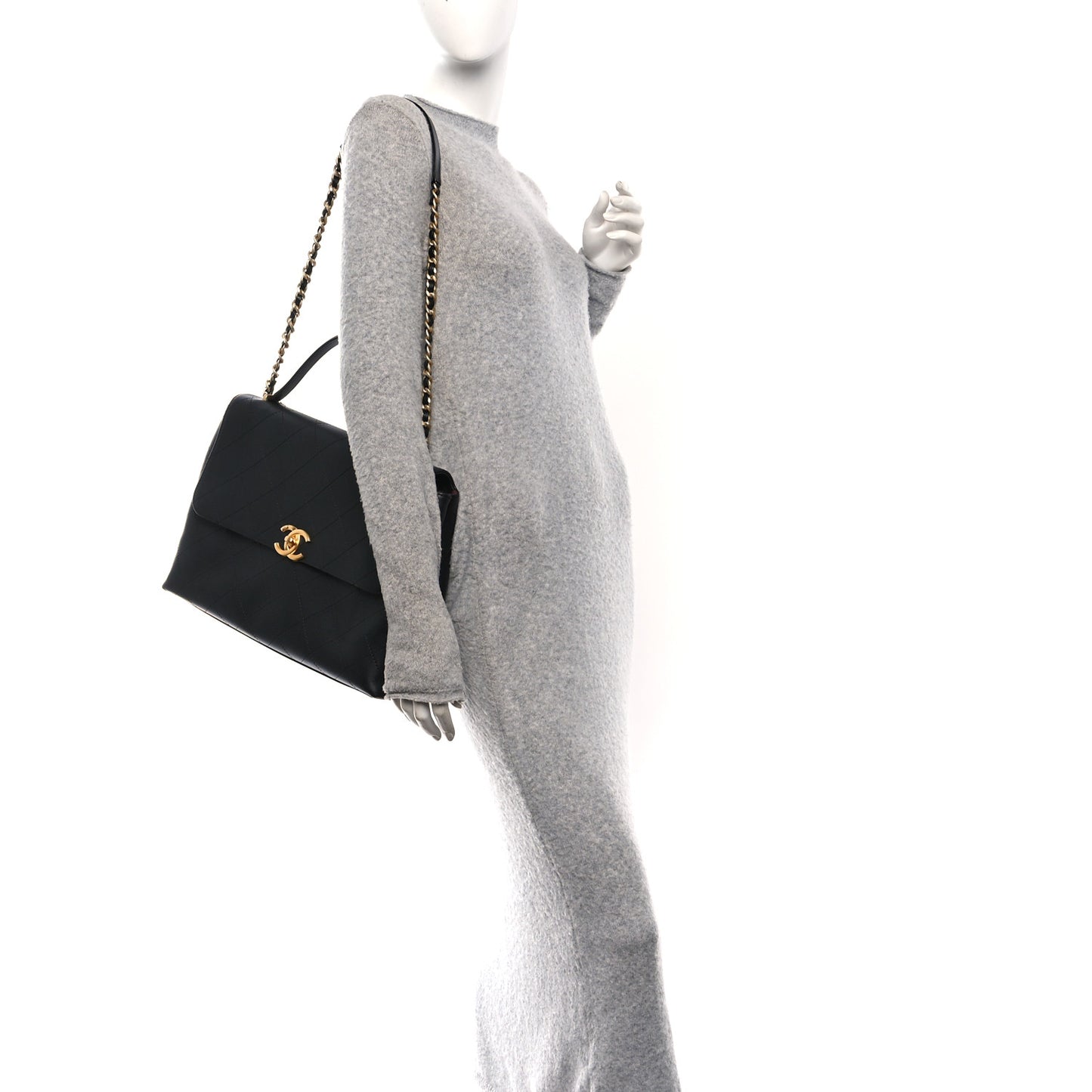 Calfskin Stitched Maxi Flap Top Handle Black