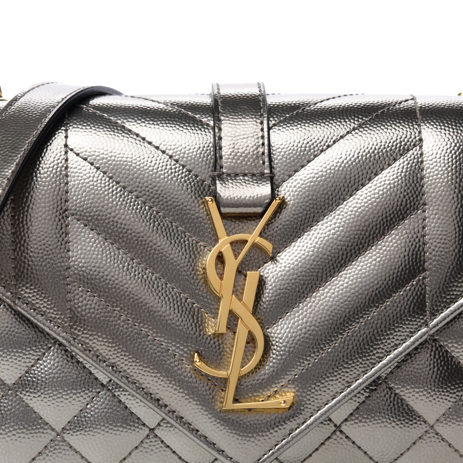 Saint Laurent Metallic Grain De Poudre Textured Mixed Matelasse Triquilt Small Monogram Satchel Piombo 9 of 9