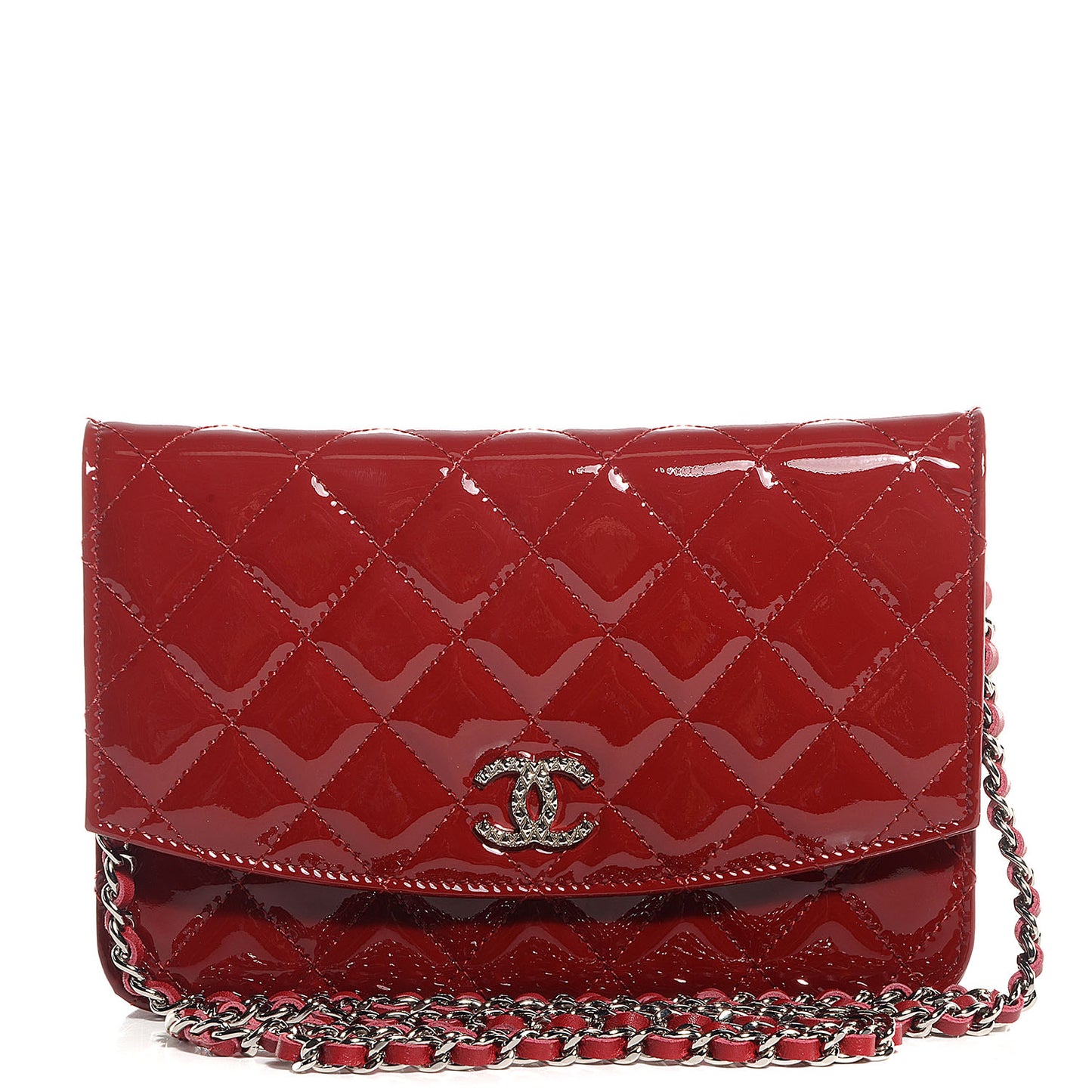 Patent Quilted Brilliant Wallet On Chain WOC Red