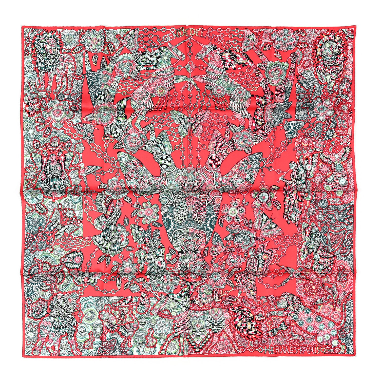 Hermes Silk La Légende De La Forêt Scarf 90 Corail Vert Black 1 of 5