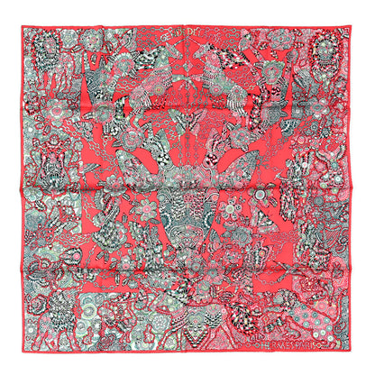 Hermes Silk La Légende De La Forêt Scarf 90 Corail Vert Black 1 of 5