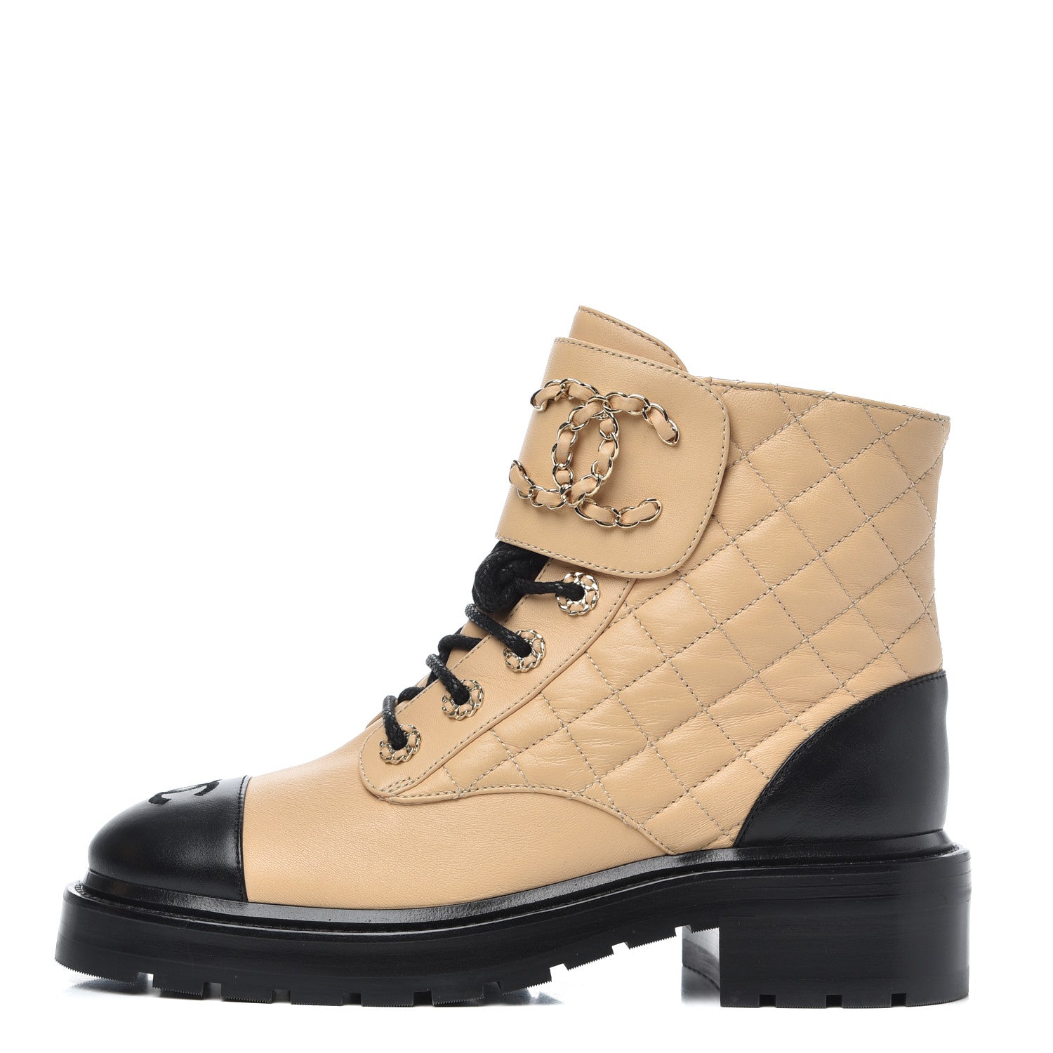 Chanel Lambskin Calfskin Quilted Lace Up Combat Boots 37 Beige Black 1 of 14