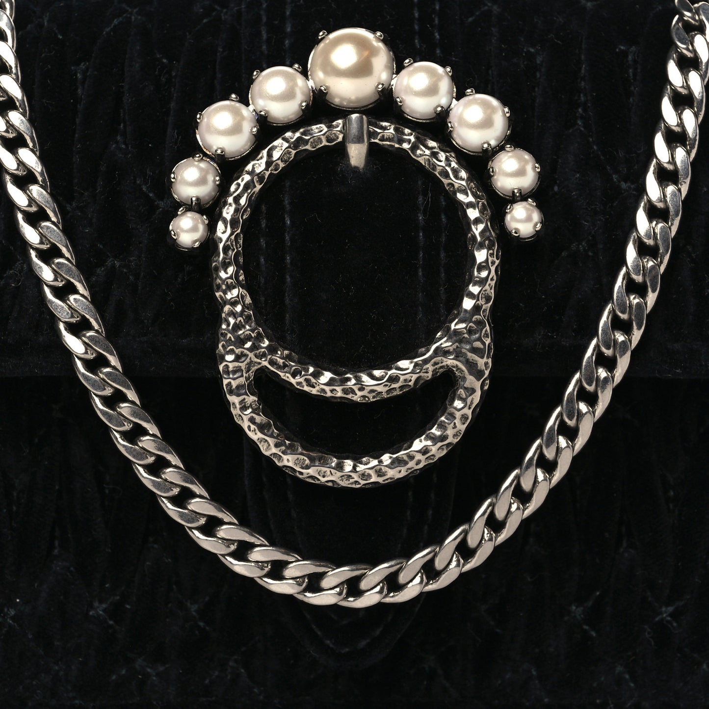 Velvet Matelasse Pearl Embellished Chain Clutch Black