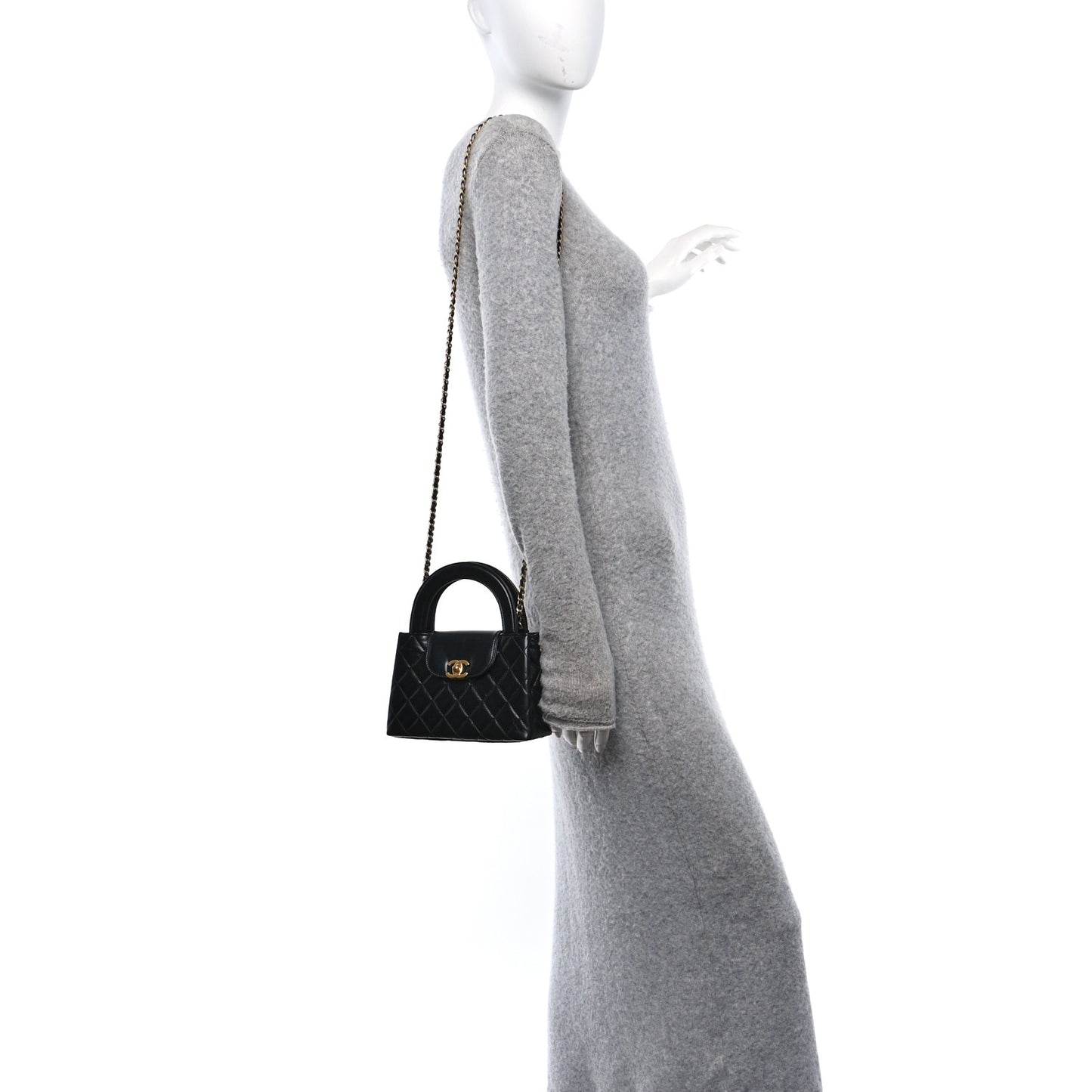 Shiny Aged Calfskin Quilted Nano Kelly Shopper Black