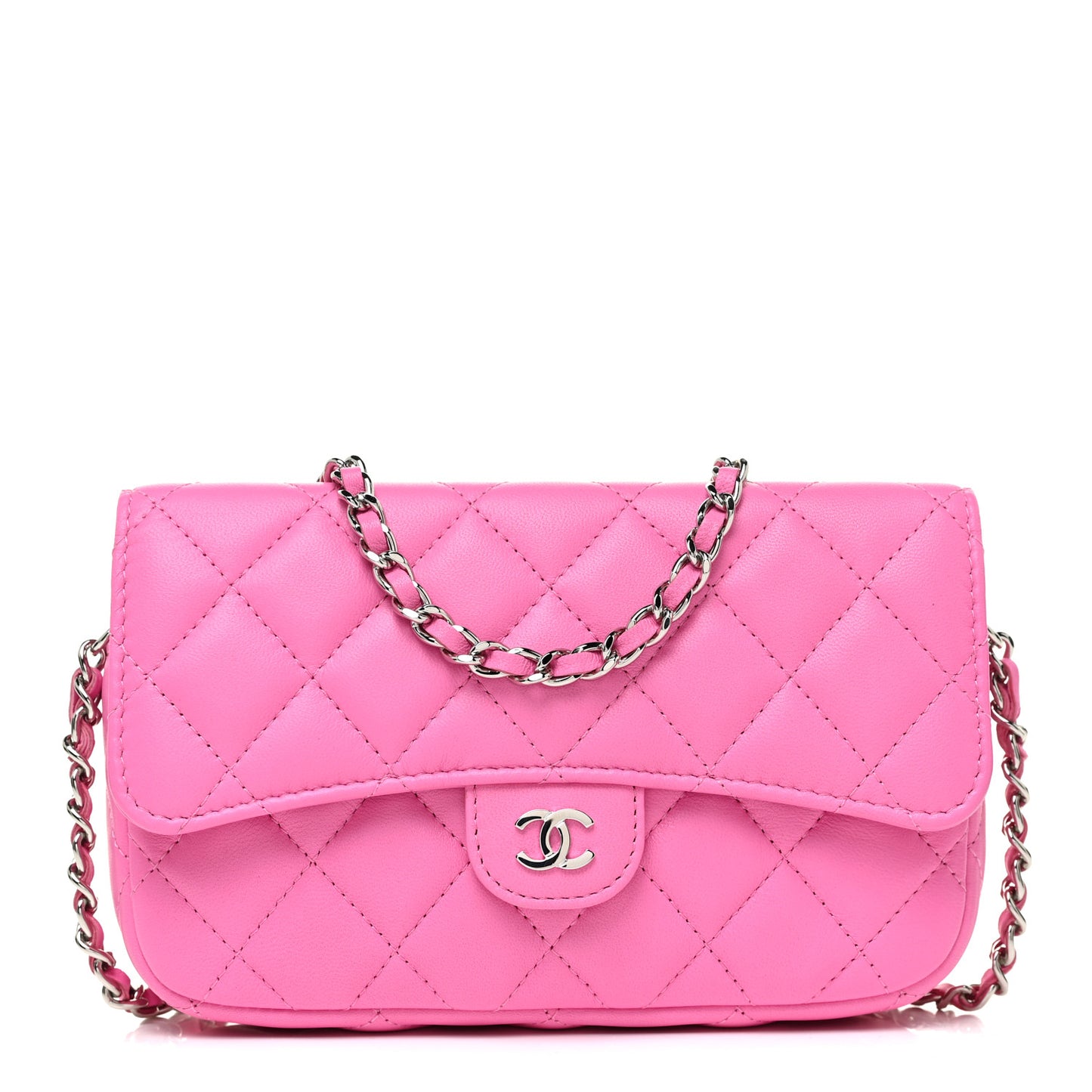 Lambskin Quilted Flap Phone Holder With Chain Neon Pink