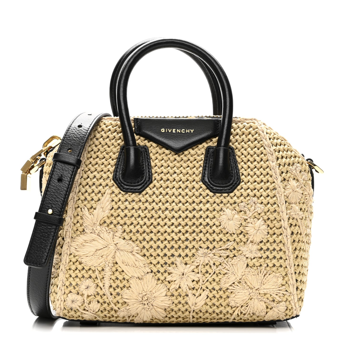 Raffia Embroidered Mini Antigona Natural Black