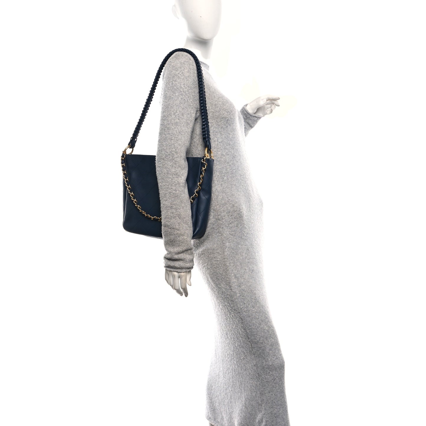 Calfskin Quilted Braided Handle Chain Hobo Navy Blue