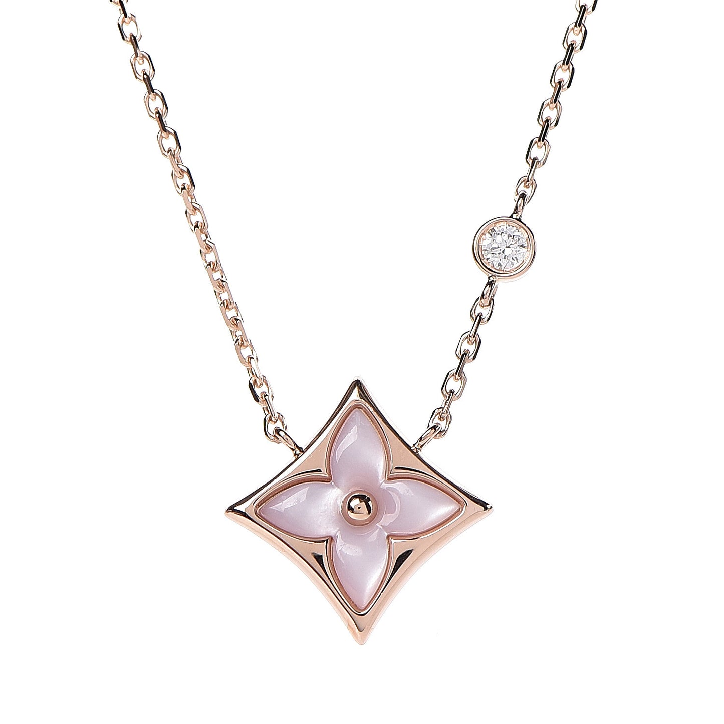 18K Pink Gold Diamond Pink Mother of Pearl Color Blossom BB Star Pendant Necklace