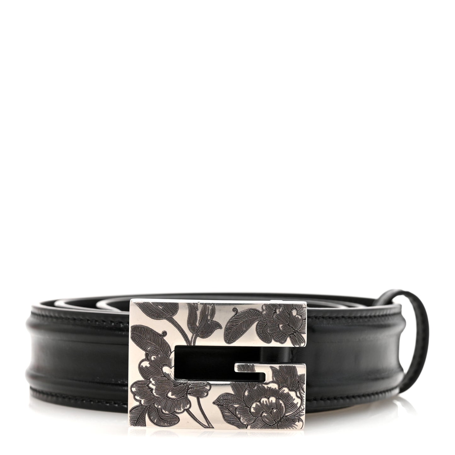 Calfskin Engraved Square G Buckle Belt 80 32 Black