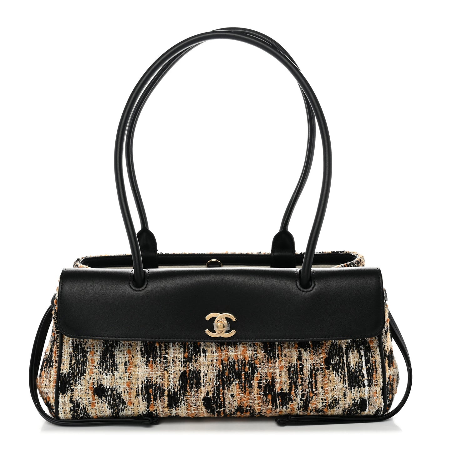 Calfskin Tweed Mixed Fibers Leopard Print Urban Essentials Small Shopping Bag Brown Black White