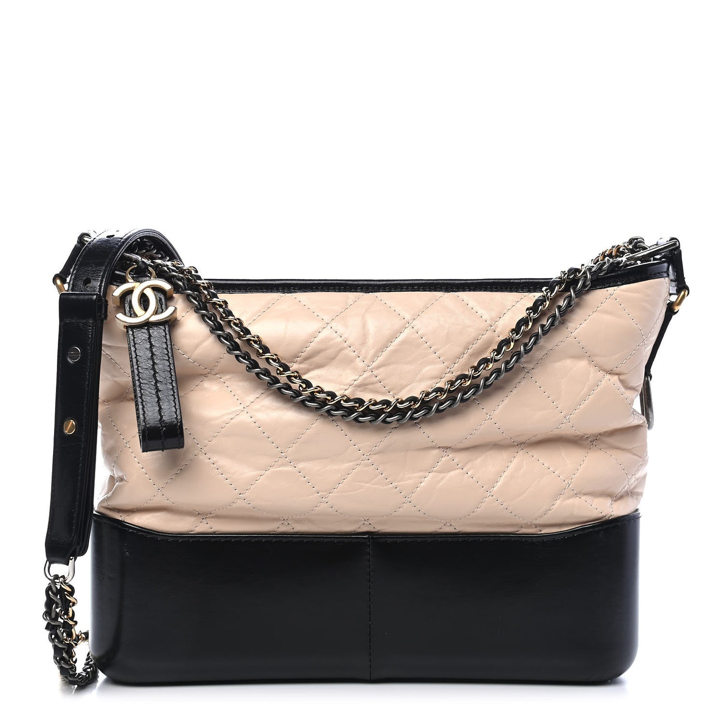 Aged Calfskin Quilted Medium Gabrielle Hobo Beige Black
