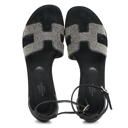 Hermes Suede Glitter Santorini Sandals 38.5 Black 2 of 10