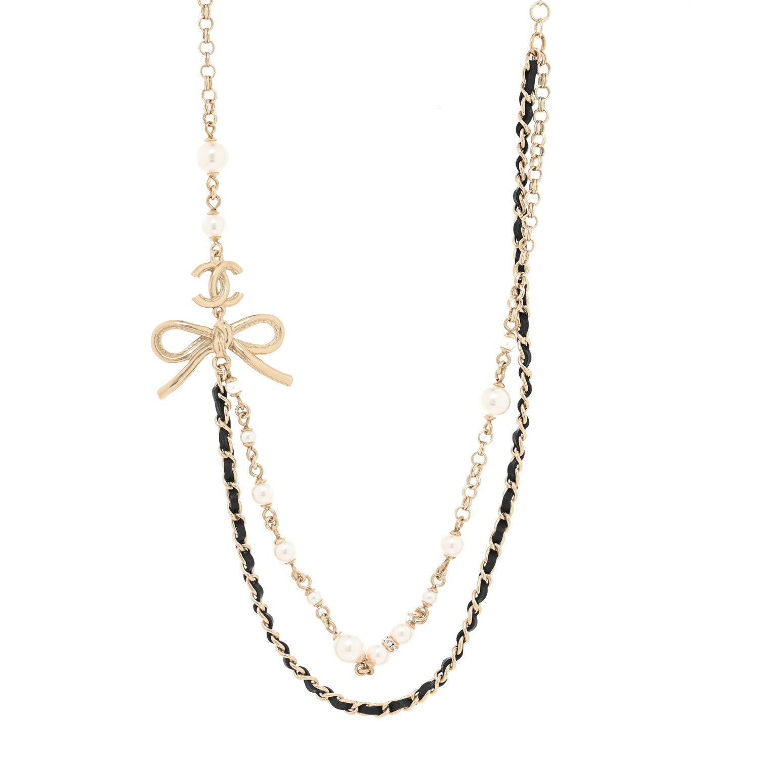 Chanel Calfskin Pearl Metal CC Bow Necklace Gold White Black 1 of 3