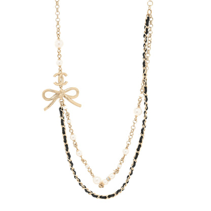 Chanel Calfskin Pearl Metal CC Bow Necklace Gold White Black 1 of 3