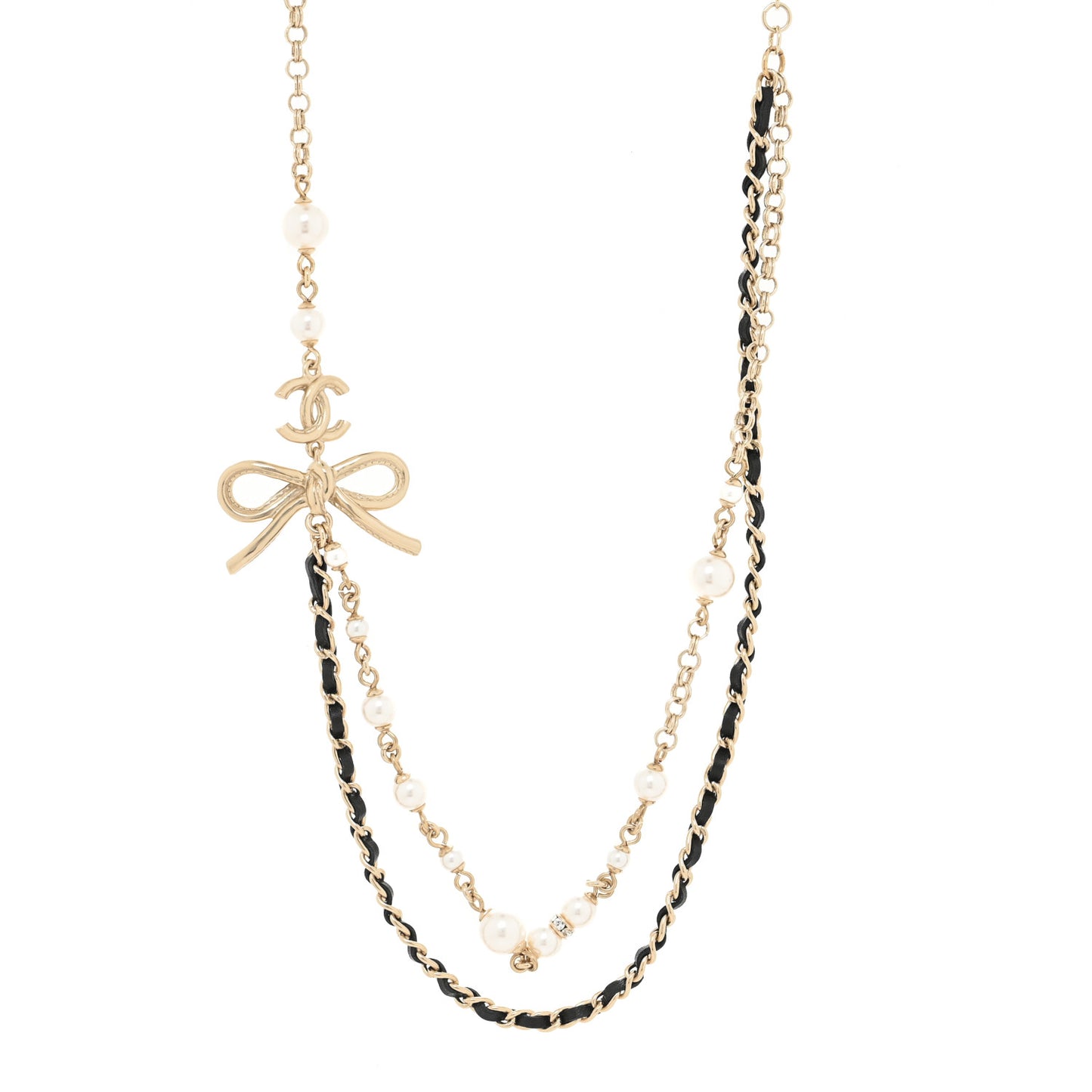 Calfskin Pearl Metal CC Bow Necklace Gold White Black