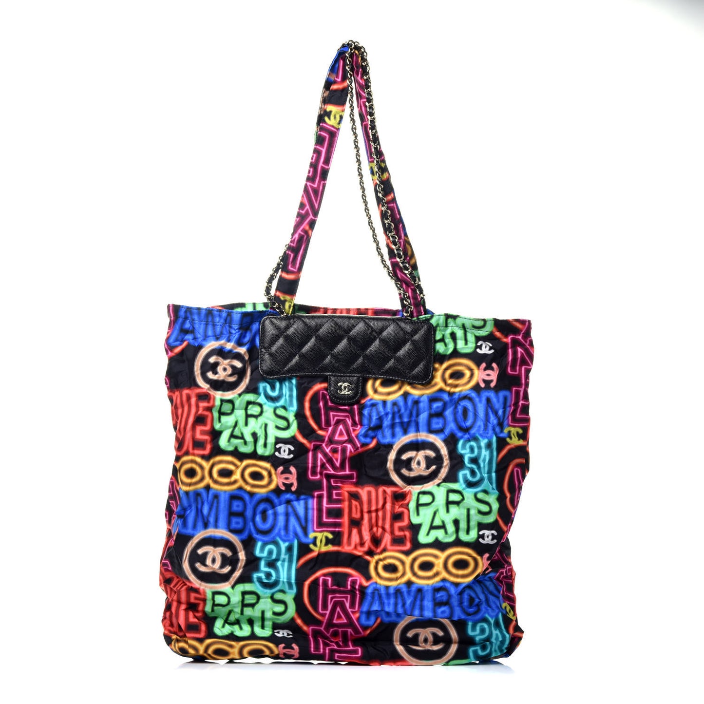 Caviar Fabric Graffiti Foldable Tote Bag With Chain Black Multicolor