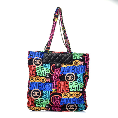 Chanel Caviar Fabric Graffiti Foldable Tote Bag With Chain Black Multicolor 4 of 17