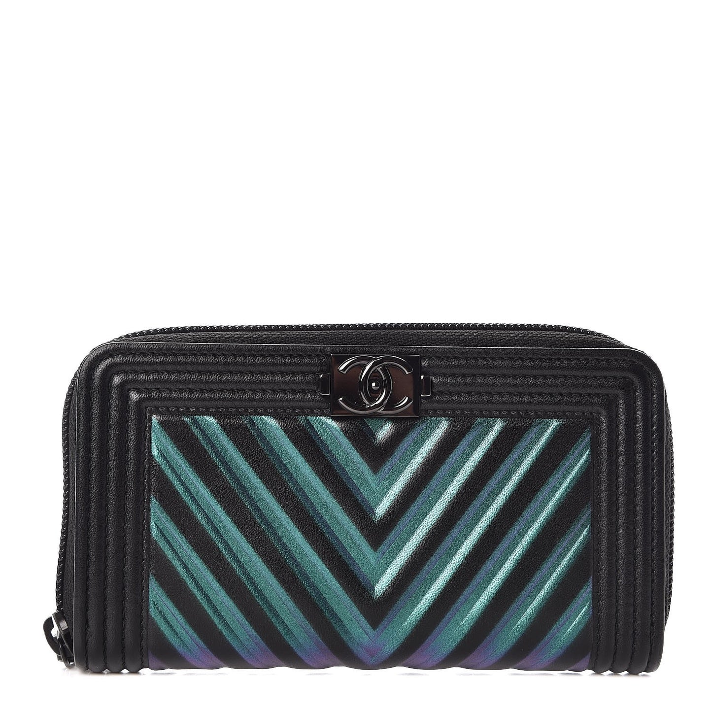 Calfskin Painted Chevron Embossed Small Boy Zip Wallet Black