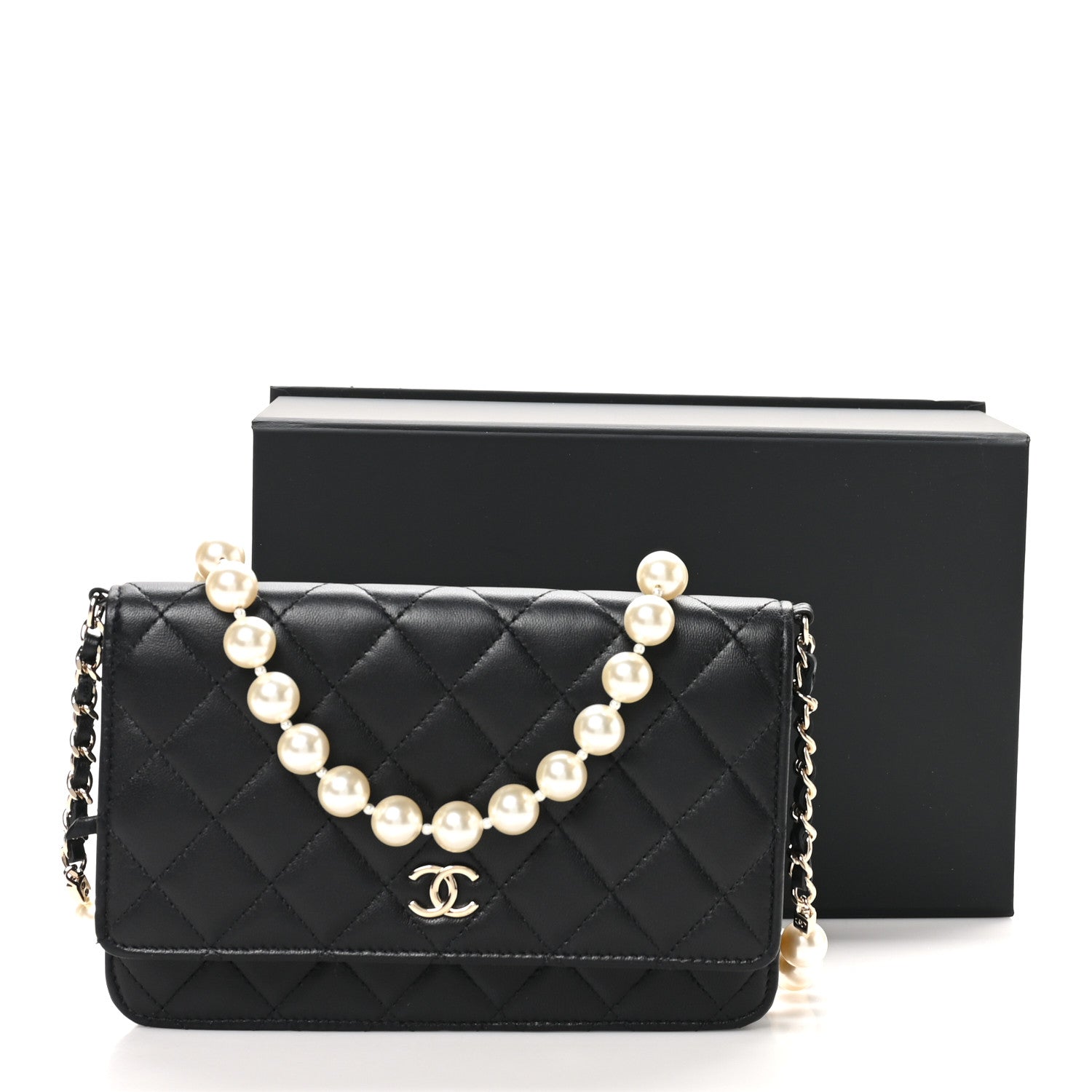 Chanel Lambskin Quilted Pearl Wallet On Chain WOC Black 12 of 12