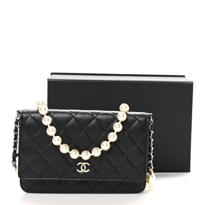 Chanel Lambskin Quilted Pearl Wallet On Chain WOC Black 12 of 12