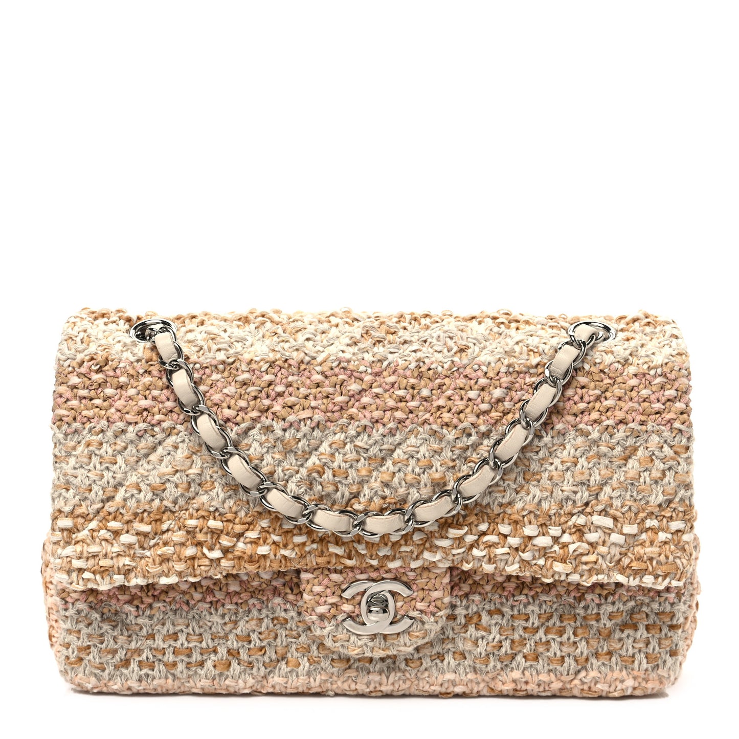 Tweed Quilted Medium Double Flap Beige Ecru Pink