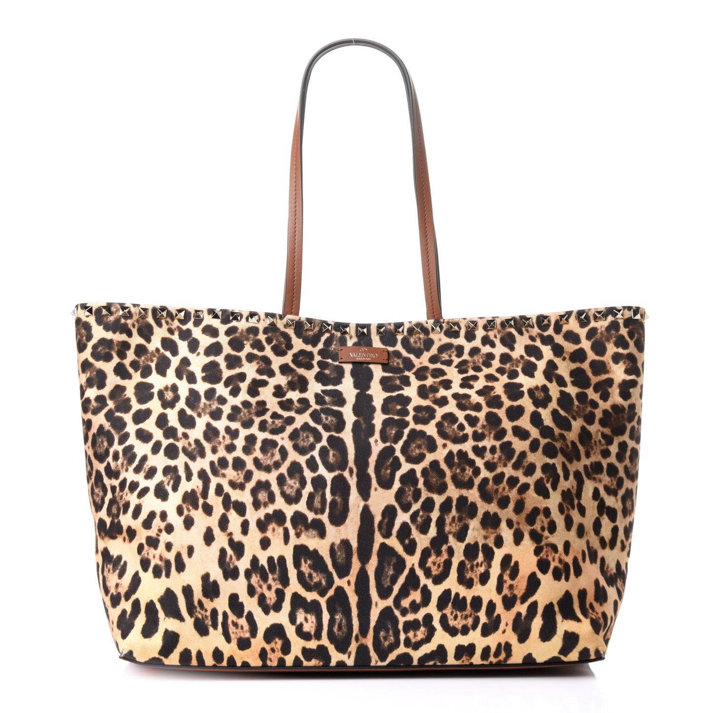 Canvas Nappa Leopard Print Rockstud Tote Brown