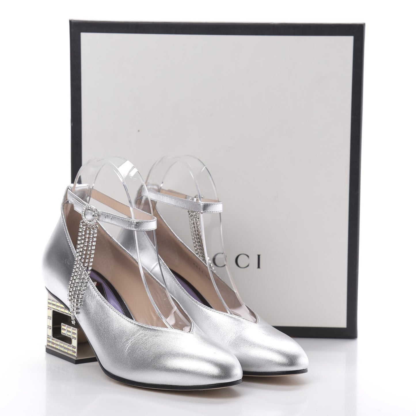 Metallic Nappa Crystal Square G Mid Heel Pumps 38 Silver