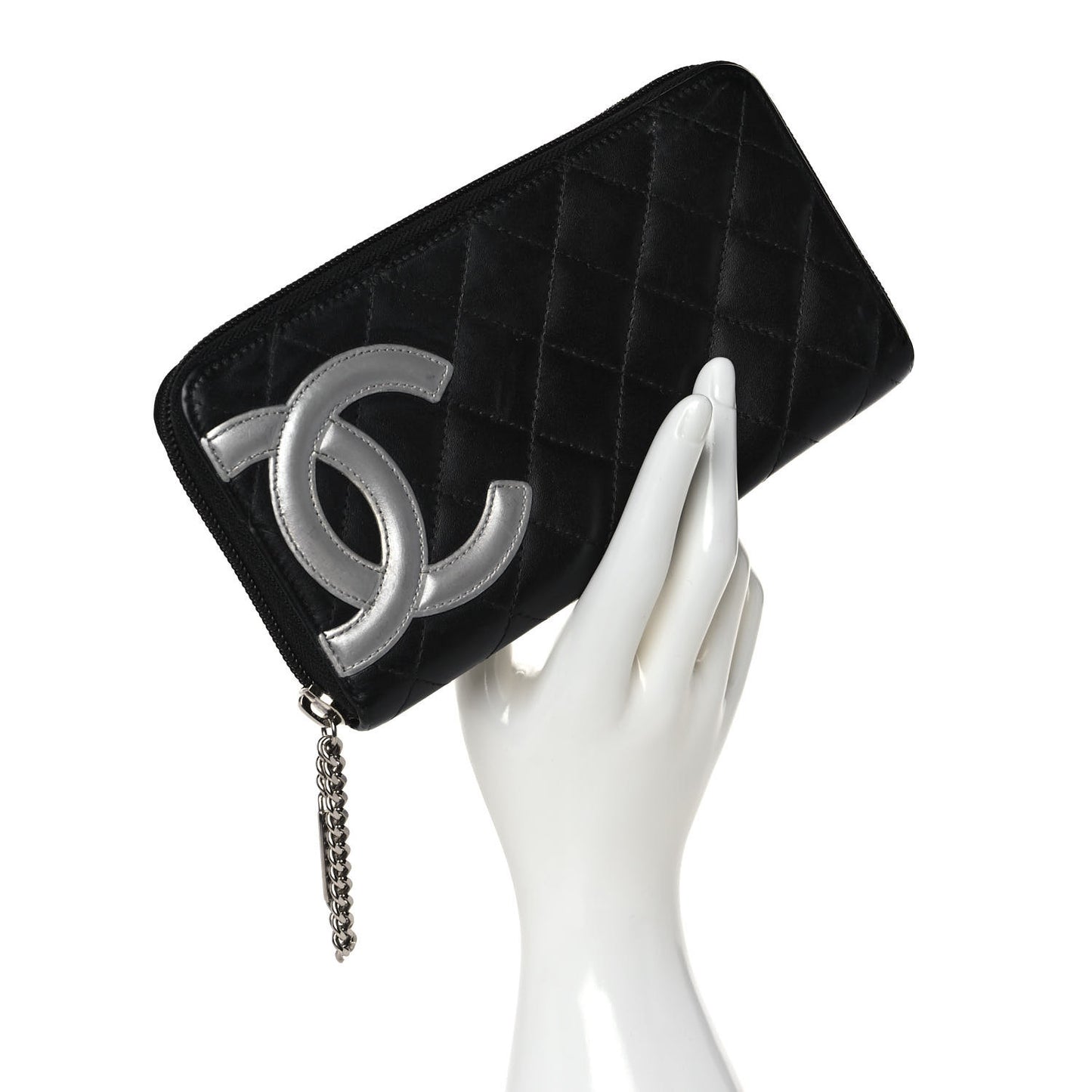 Calfskin Quilted Cambon Large Gusset Zip Around Wallet Black Silver