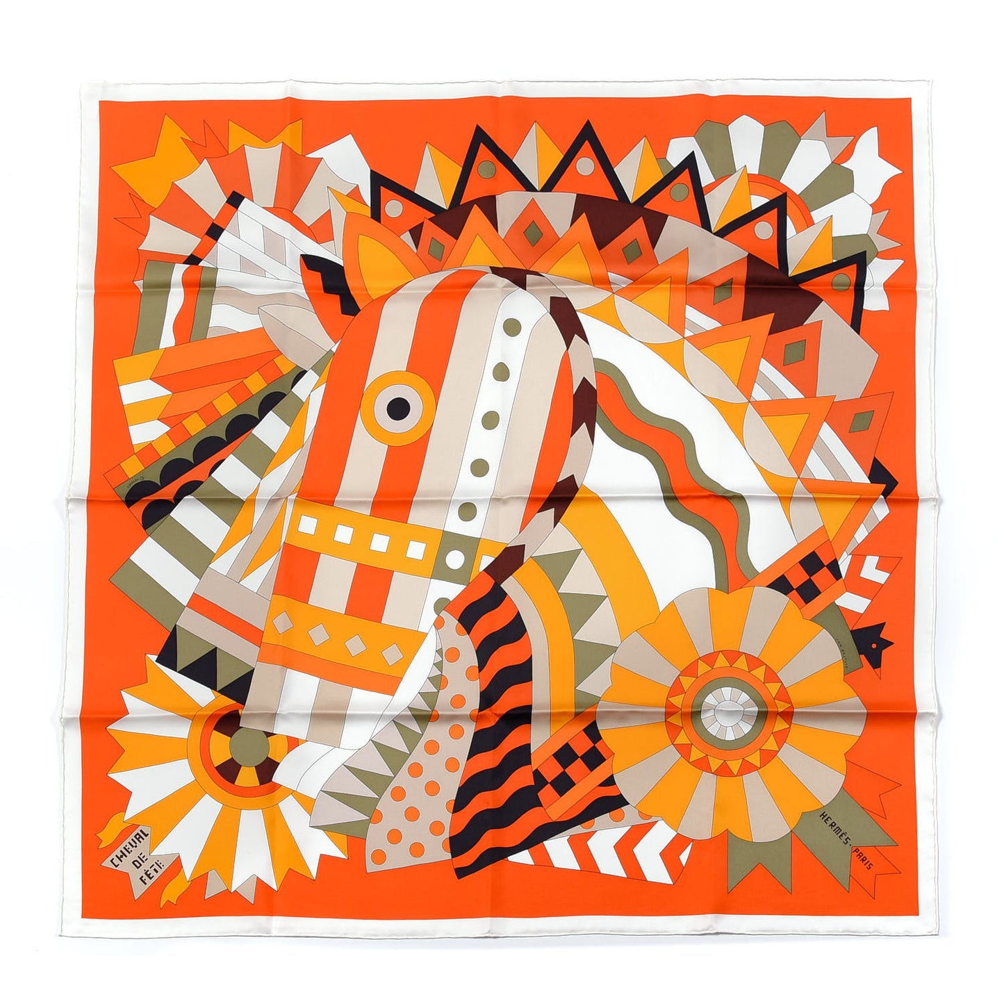 Silk Cheval de Fette Scarf 90 Orange Brun Kaki