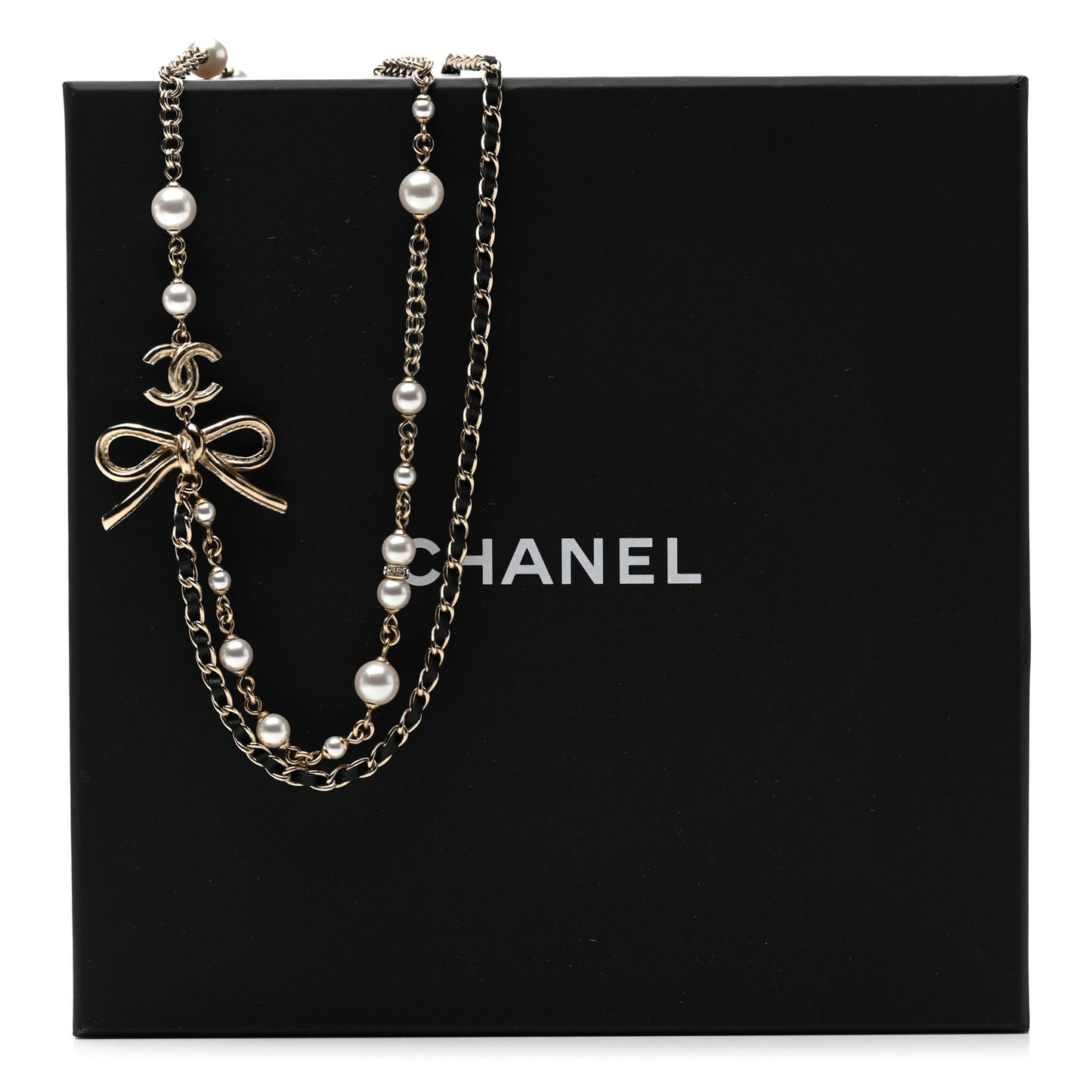 Calfskin Pearl Metal CC Bow Necklace Gold White Black