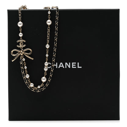 Chanel Calfskin Pearl Metal CC Bow Necklace Gold White Black 7 of 7
