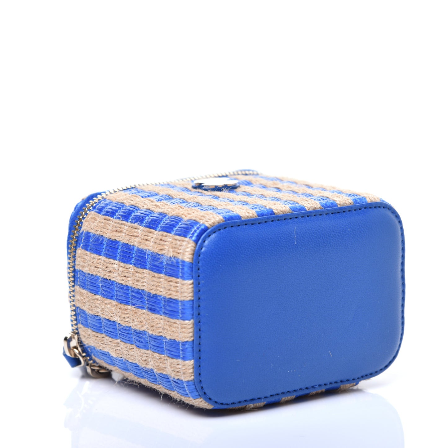 Raffia Jute Striped Mini Vanity Case With Chain Blue Beige