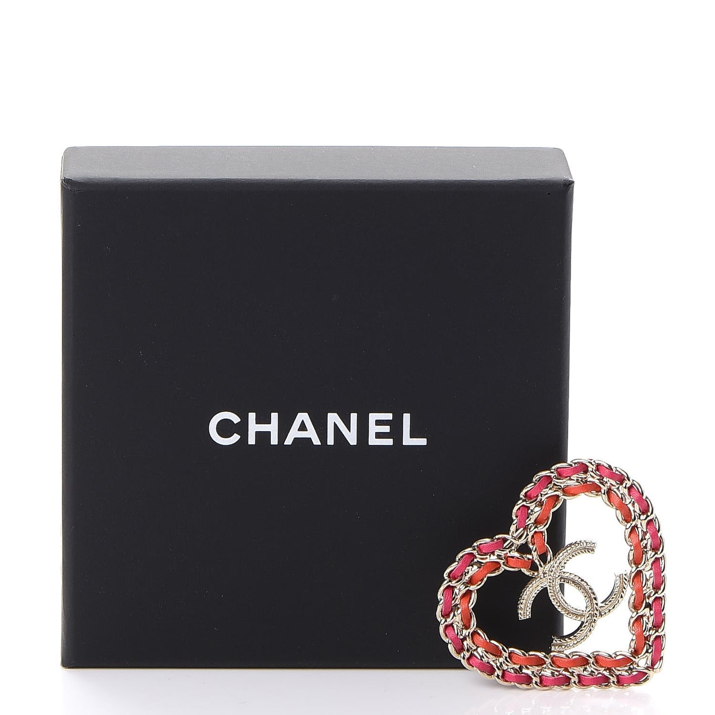 Metal Calfskin Braided Heart CC Brooch Pink Red Gold
