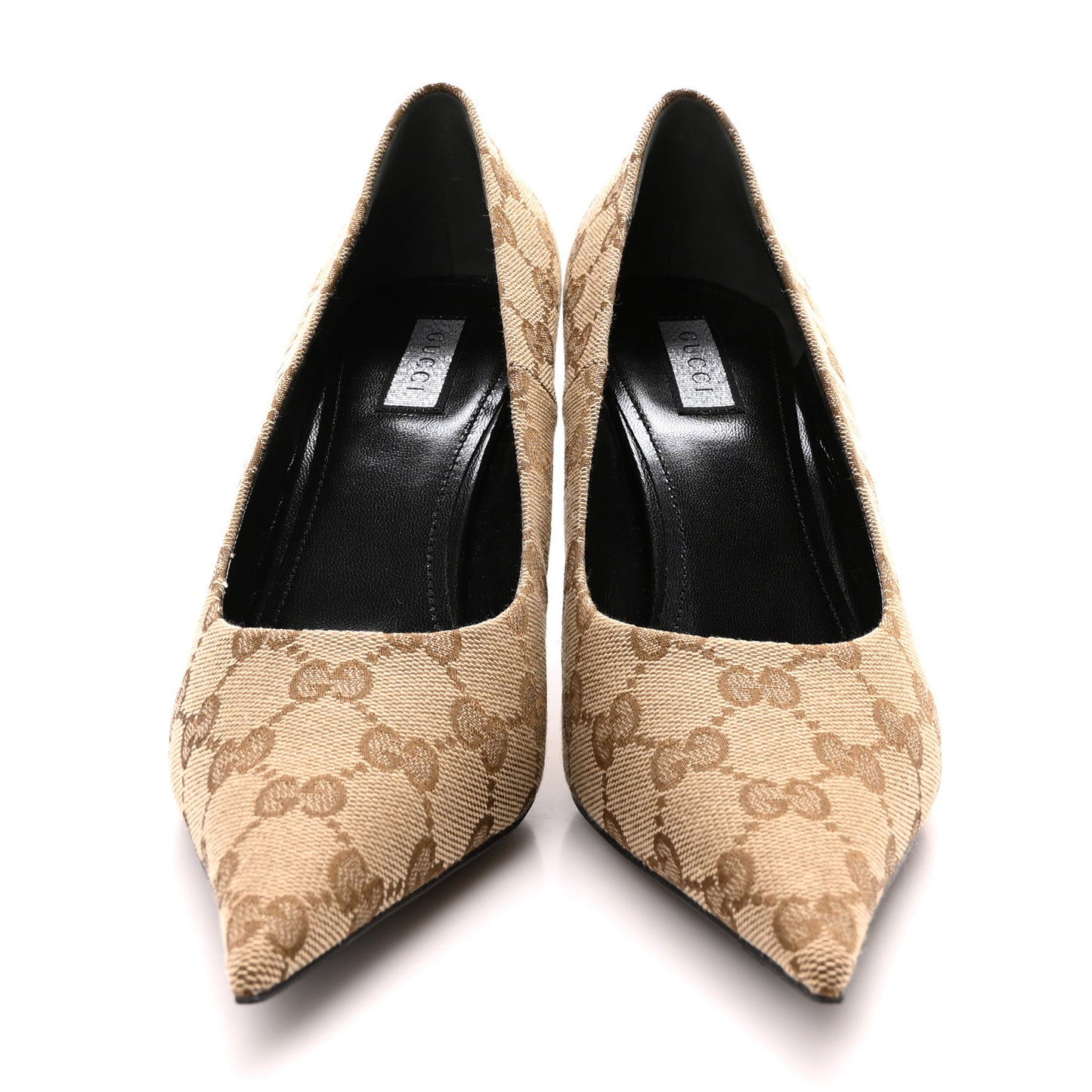 X GUCCI GG Monogram Square Knife 80mm Pumps 36.5 Beige Ebony