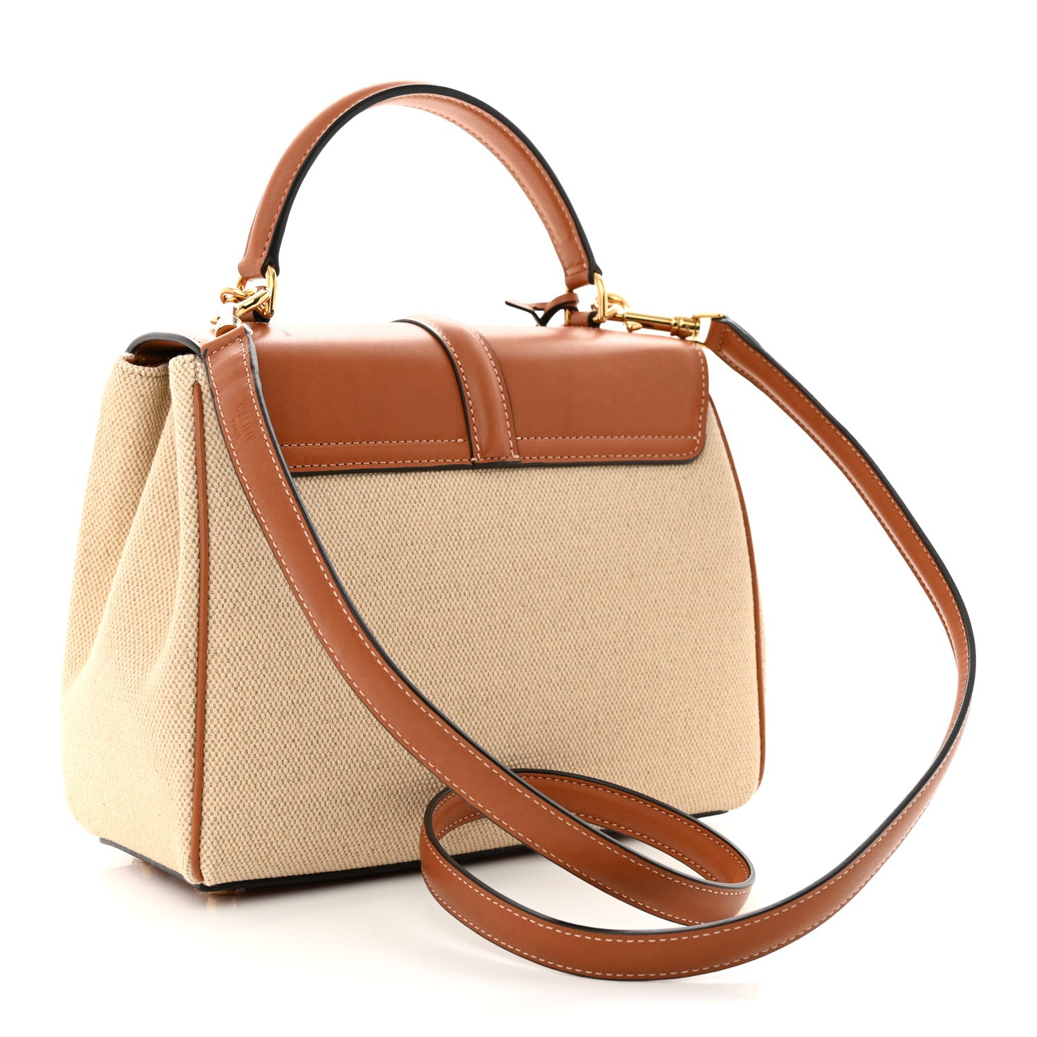 Celine Canvas Calfskin Small 16 Top Handle Bag Natural Tan 3 of 10