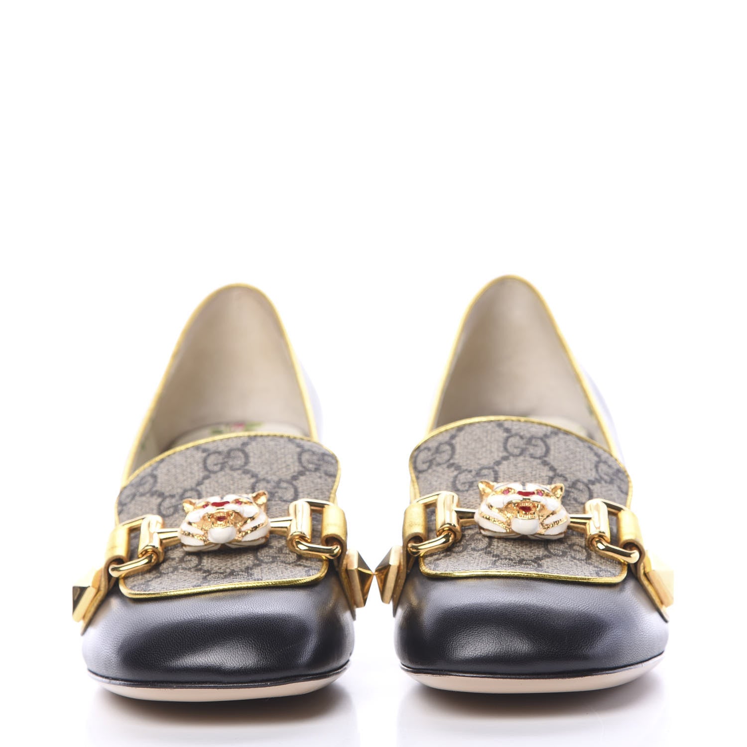 Gucci Malaga Kid Nappa GG Supreme Monogram Tiger Head Mid Heel Loafer Pumps 37 Black Oro Vecchio Beige 2 of 11