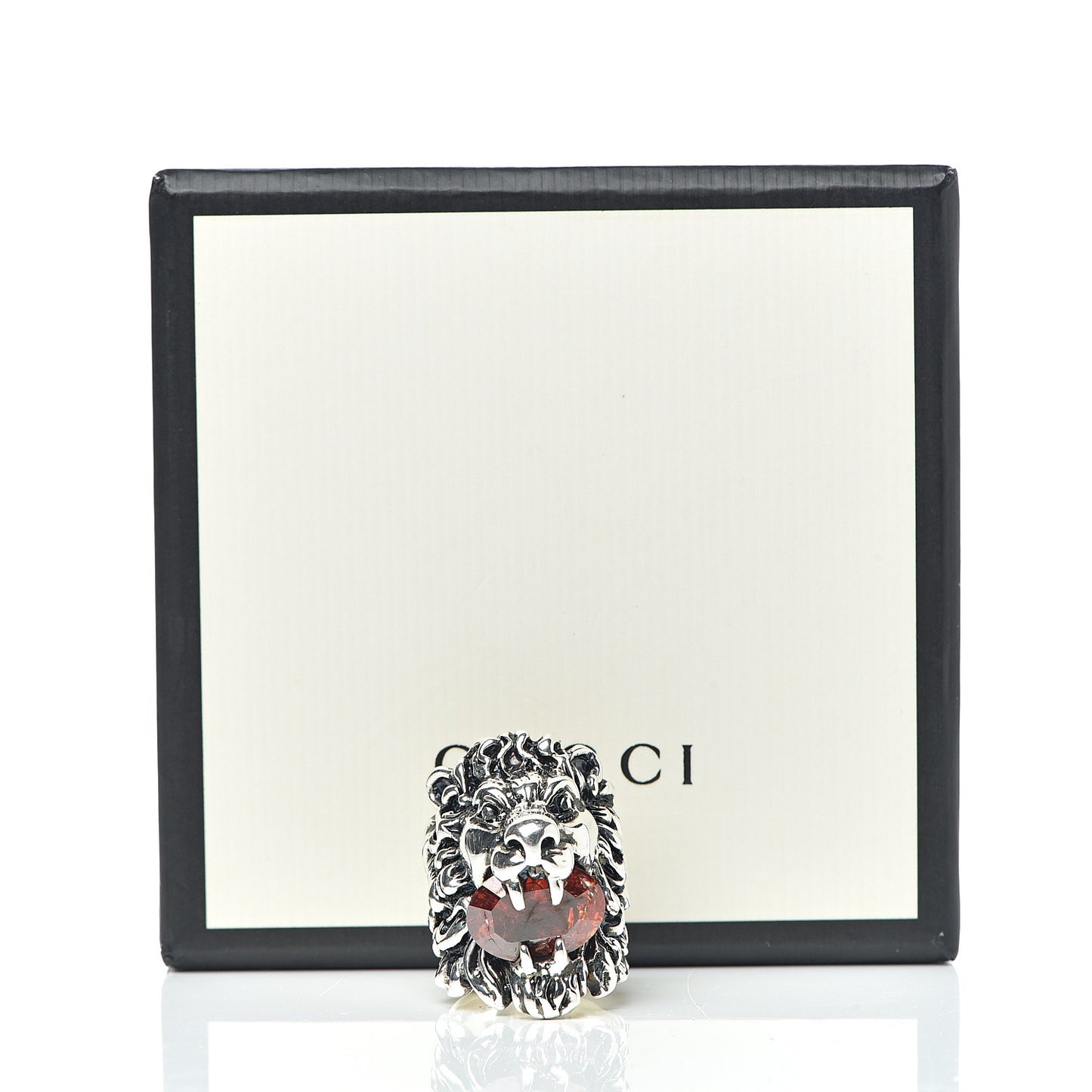Metal Crystal Lion Head Ring 4.75 Red Aged Silver