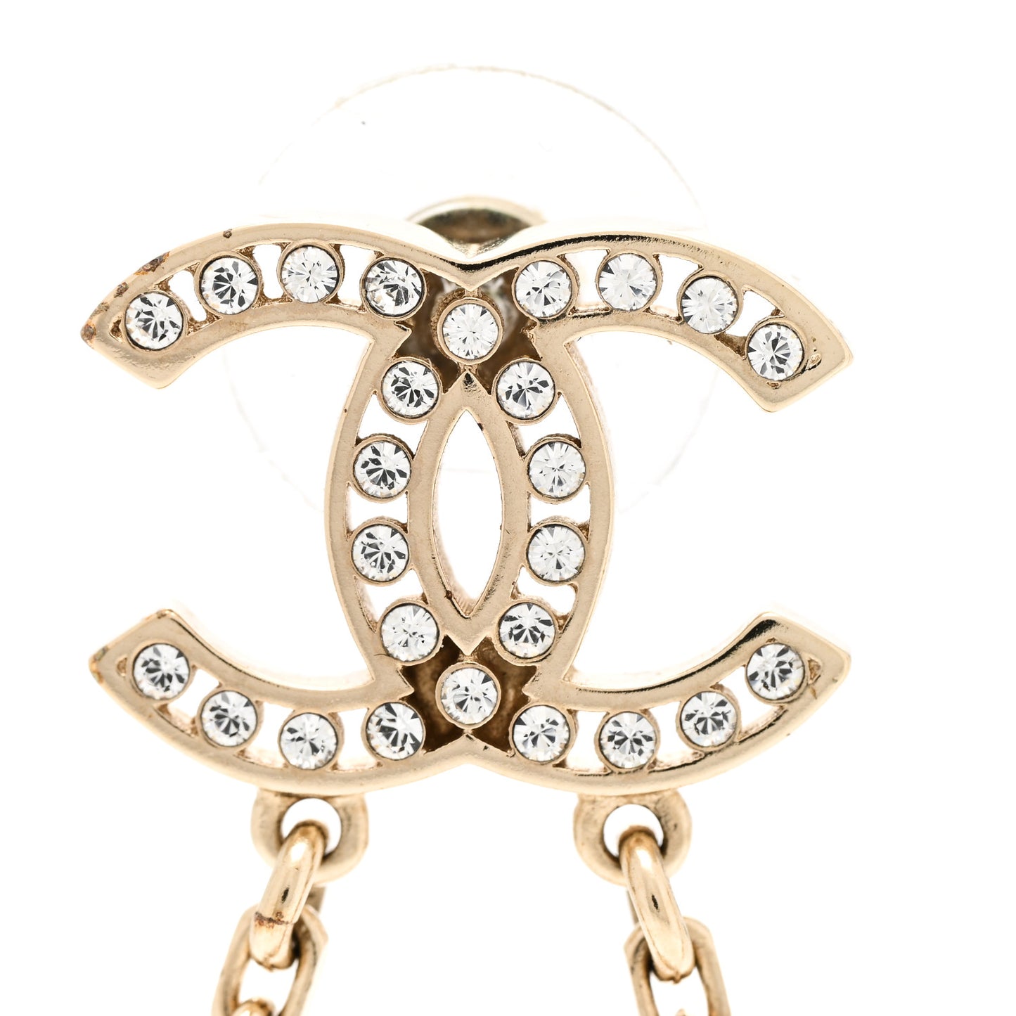 Crystal Pearl CC Chain Drop Earrings Gold