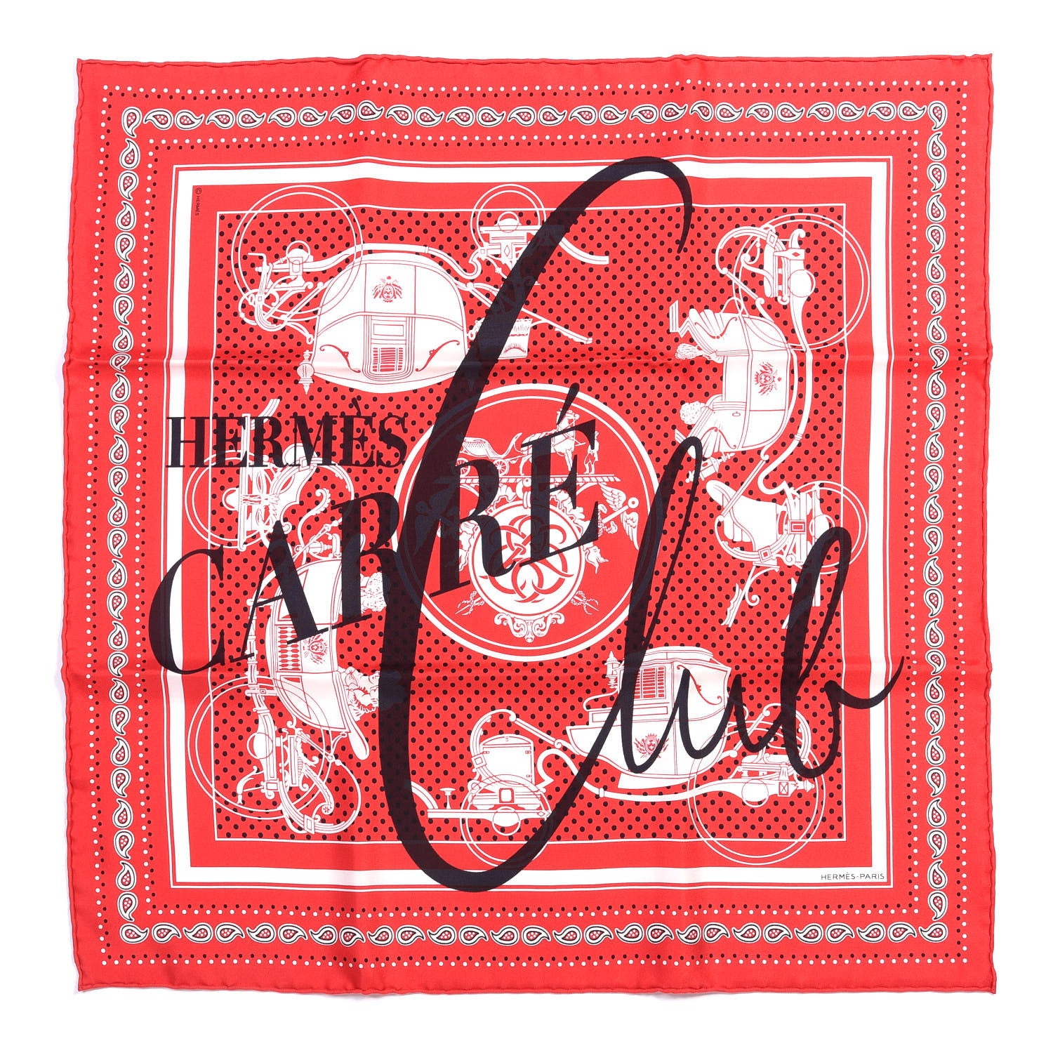 Hermes Silk Ex-Libris Carre Club Bandana Scarf 55 Red Black White 1 of 4