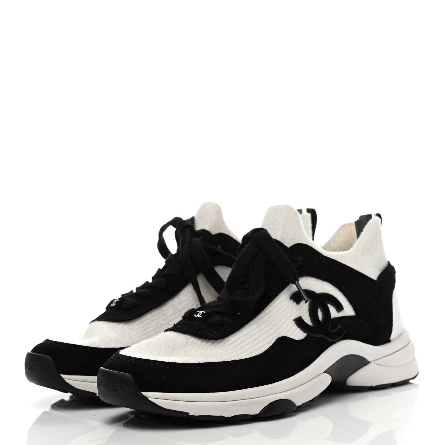 Chanel Fabric Suede Calfskin CC Sneakers 37.5 White Black 3 of 7