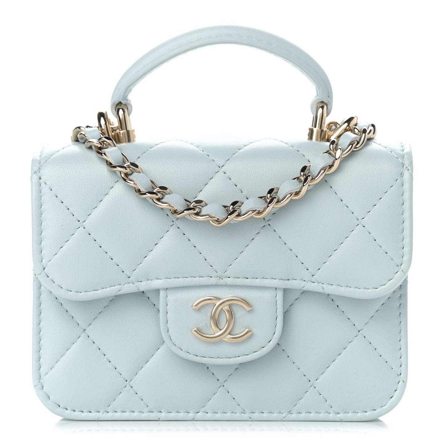 Lambskin Quilted Top Handle Flap Coin Purse With Chain Light Blue