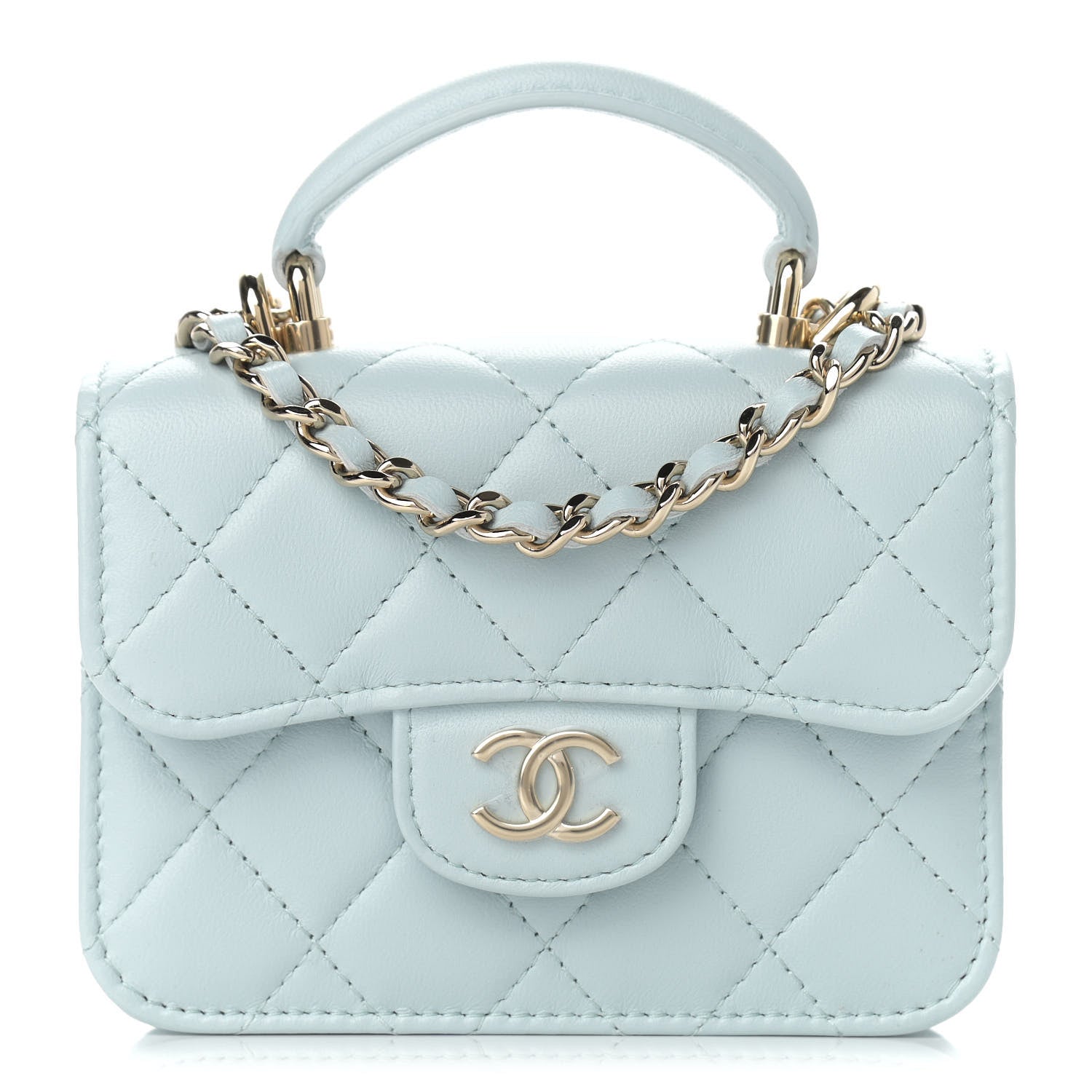 Chanel Lambskin Quilted Top Handle Flap Coin Purse With Chain Light Blue 1 of 10