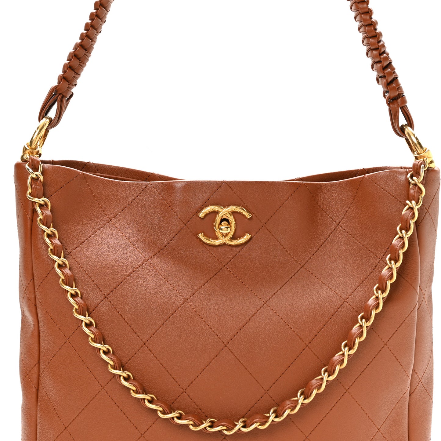 Calfskin Quilted Braided Handle Chain Hobo Brown