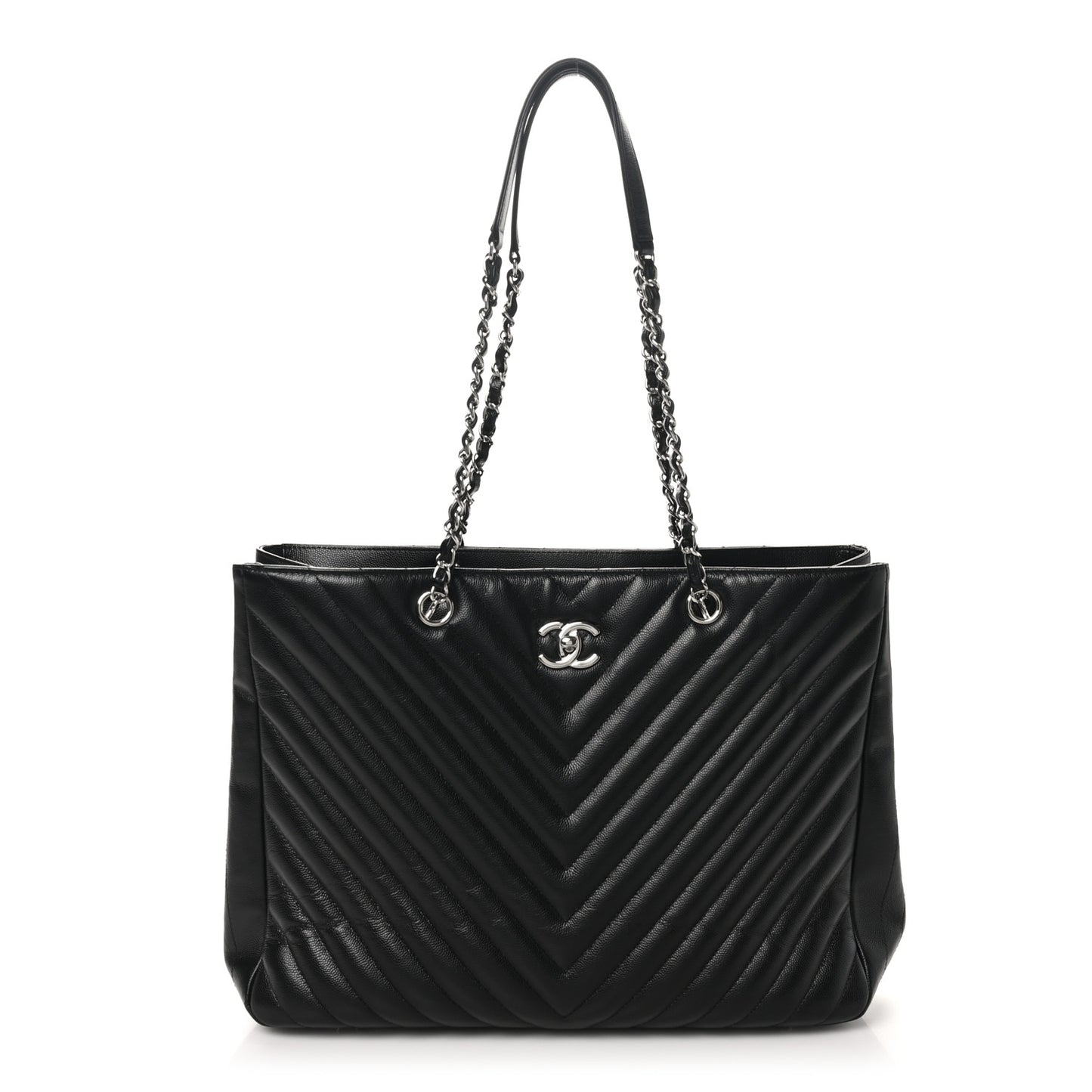 Caviar Chevron Quilted Large Shopping Tote Black