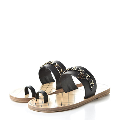 Chanel Calfskin Chain CC Logo Toe Ring Sandals 37 Black 3 of 9