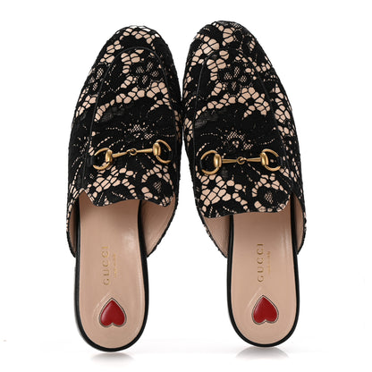 Gucci Lace Malaga Kid Womens Princetown Slippers 38.5 Black Skin Rose 2 of 12