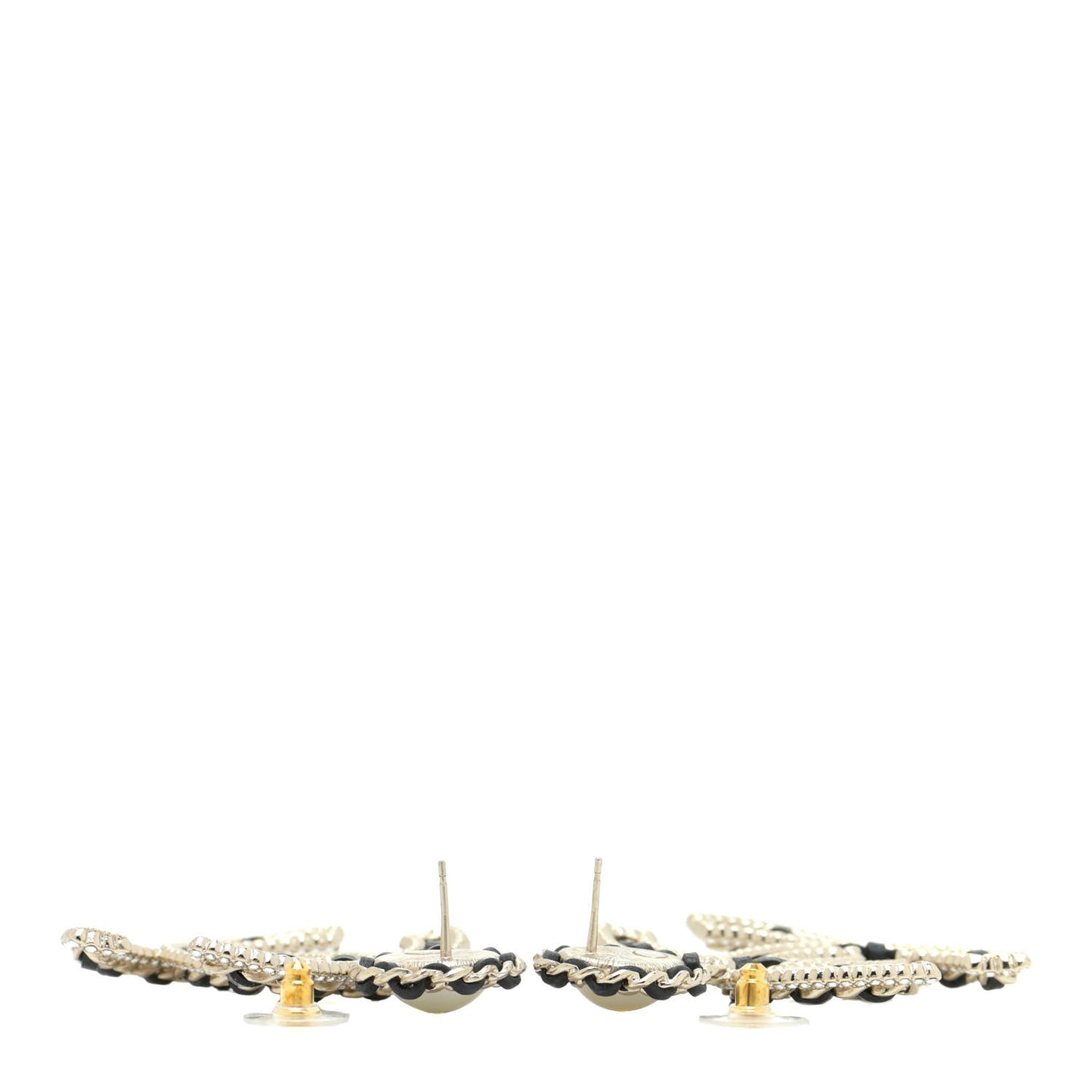 Pearl Lambskin Crystal Chain CC Drop Earrings Black Gold