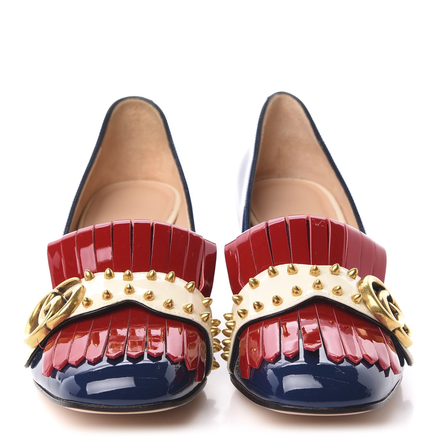Gucci Vernice Studded GG Marmont Fringe 50mm Loafer Pumps 37 Blue Agata Hibiscus Red Mystic White 2 of 9