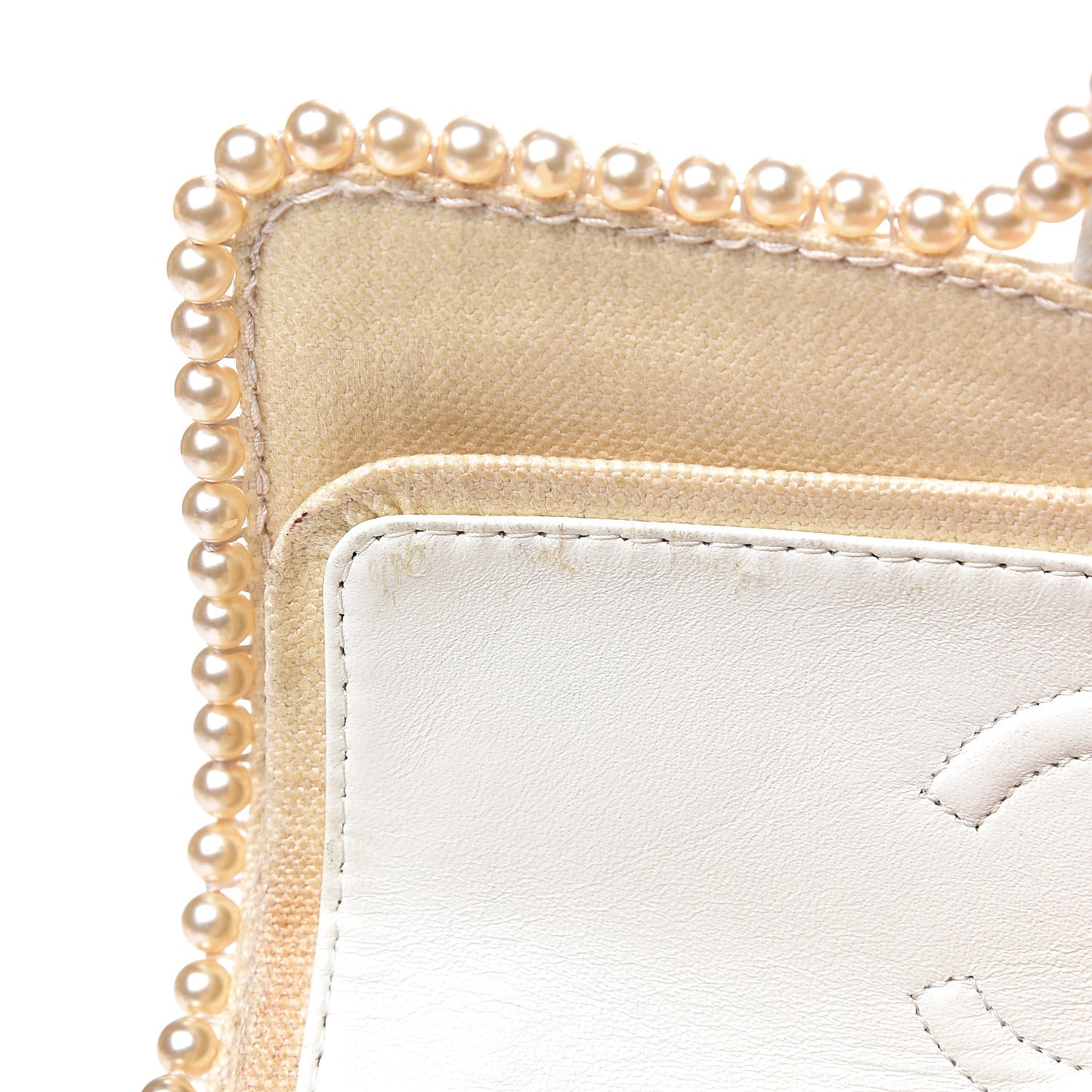 Canvas Quilted Pearl Trim Medium Flap Beige
